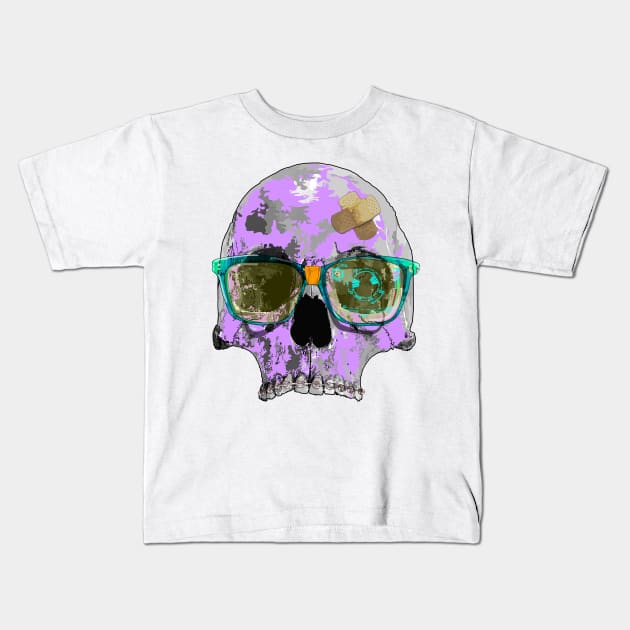 Purple skull with braces, plaster bandages and broken AR sunglasses Kids T-Shirt by M[ ]